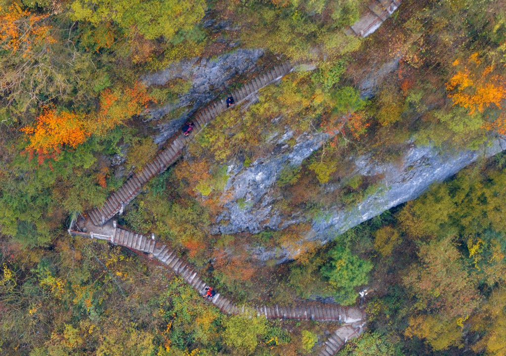 登山爱好者在五彩斑斓的秋色里徒步行走，享受大自然美景和徒步的乐趣。胡波 摄