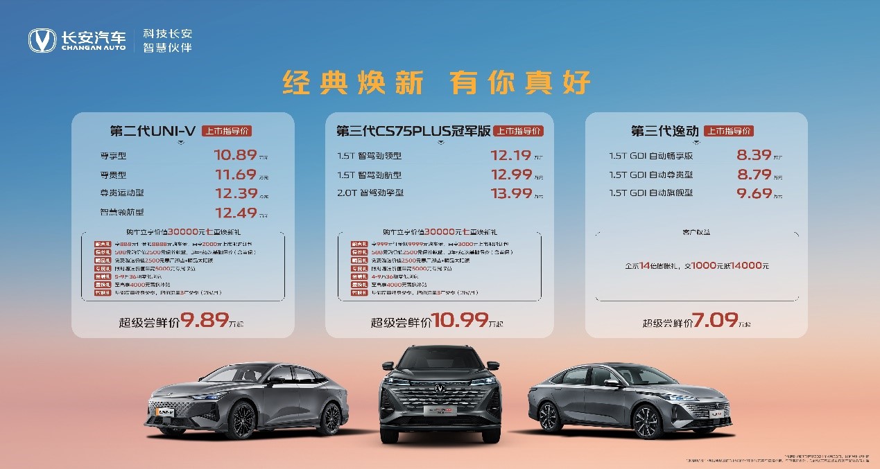 第三代CS75PLUS冠军版、第二代UNI-V、第三代逸动上市价格。 长安汽车供图 华龙网发