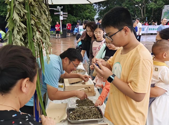 陈平向游客介绍艾草产品。铜梁区委宣传部供图 华龙网发