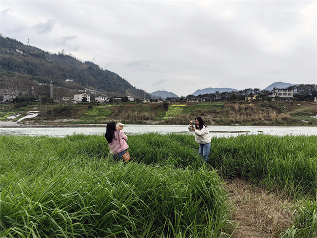 Citizens enjoying themselves and taking photos by the Yujiang River in Changtan Community