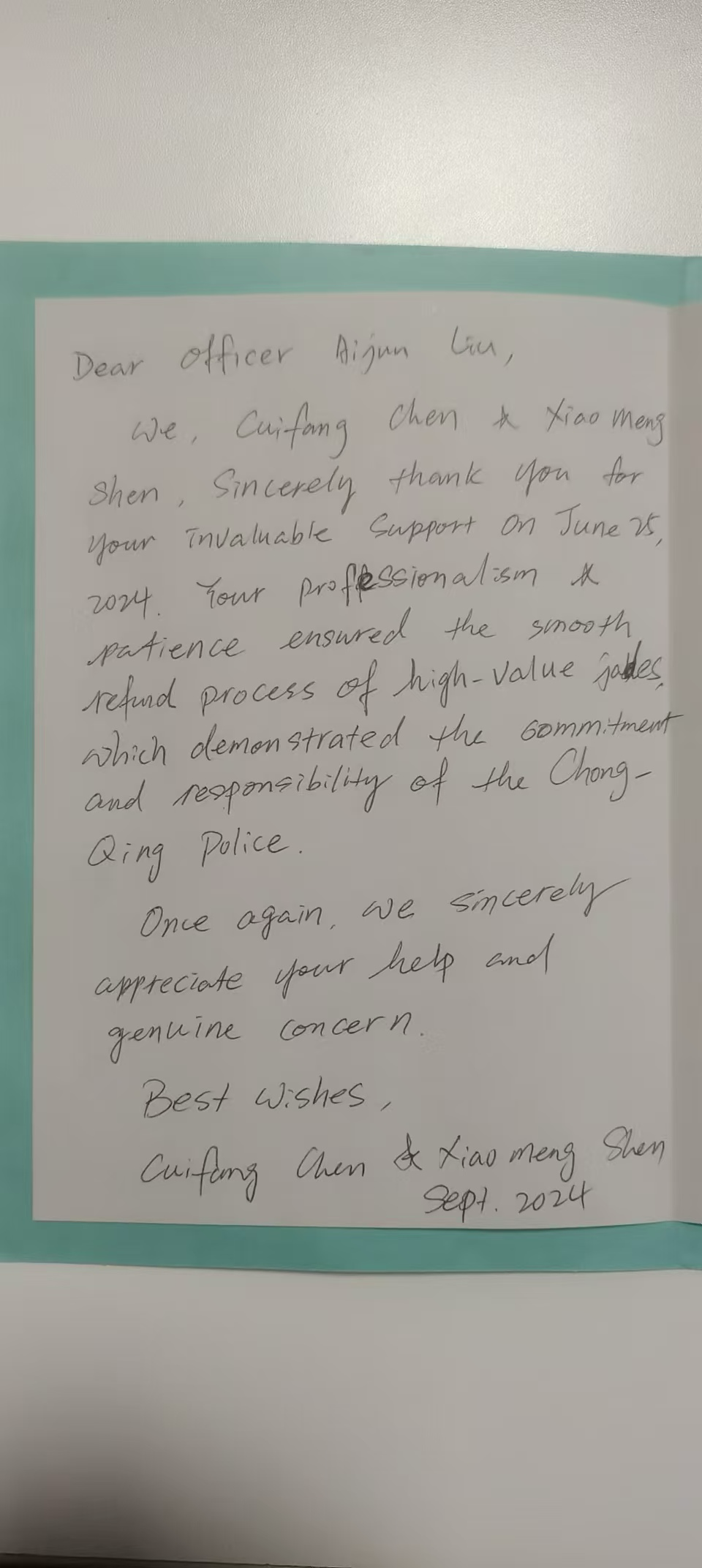 The thank-you letter (Photo provided by the police)