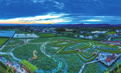 “荷塘月色”小微湿地公园,绚烂晚霞吸引不少市民前往赏景、游玩。记者 熊伟 摄
