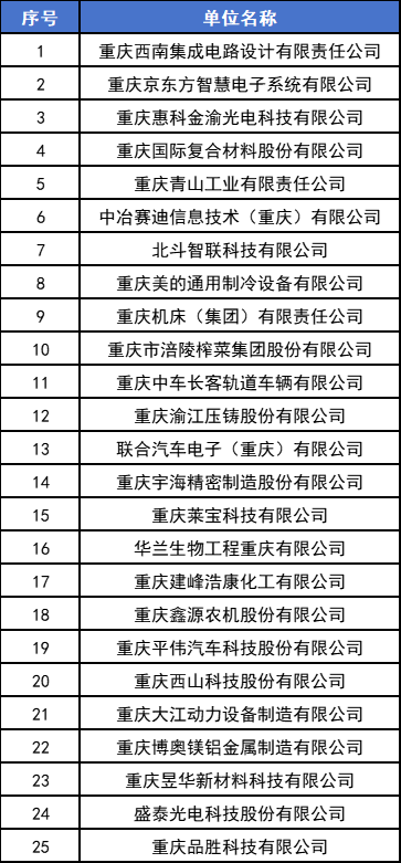 2024年重庆市制造业单项冠军企业名单。