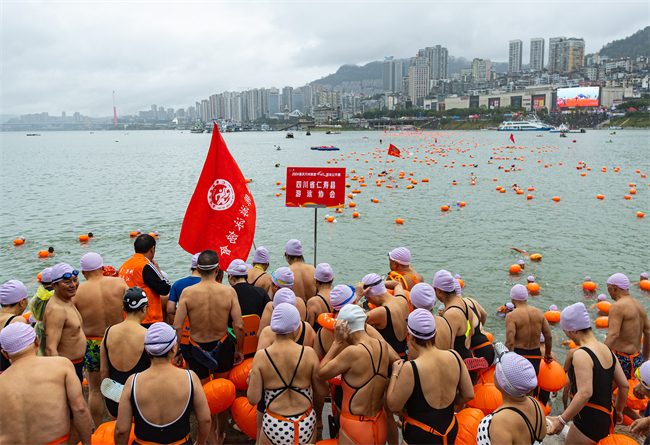 四川的选手从重庆万州南门口广场下水，横渡长江。 冉孟军 摄