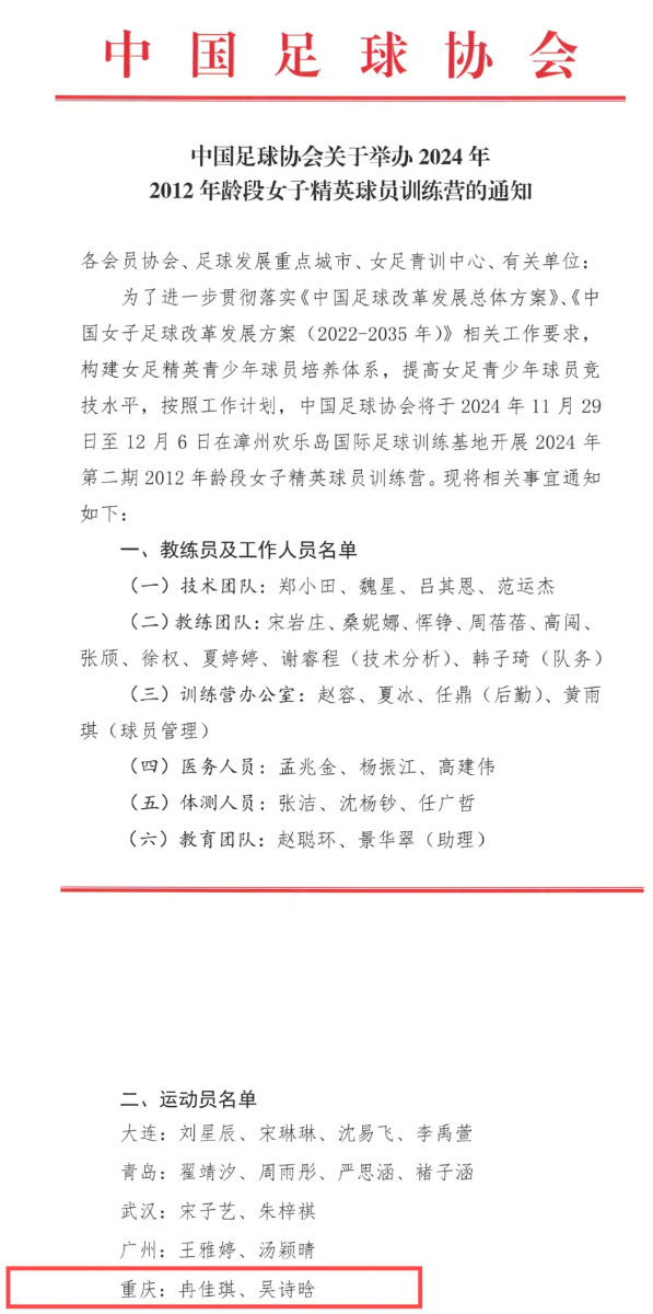 中国足球协会关于举办2024年第二期2012年龄段女子精英球员训练营的通知。重庆市足球运动管理中心供图