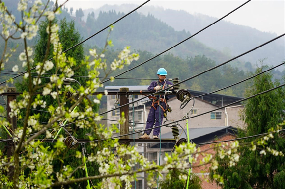 国网重庆开州供电公司员工在杆上更换架空线路。通讯员 安姚鑫 摄