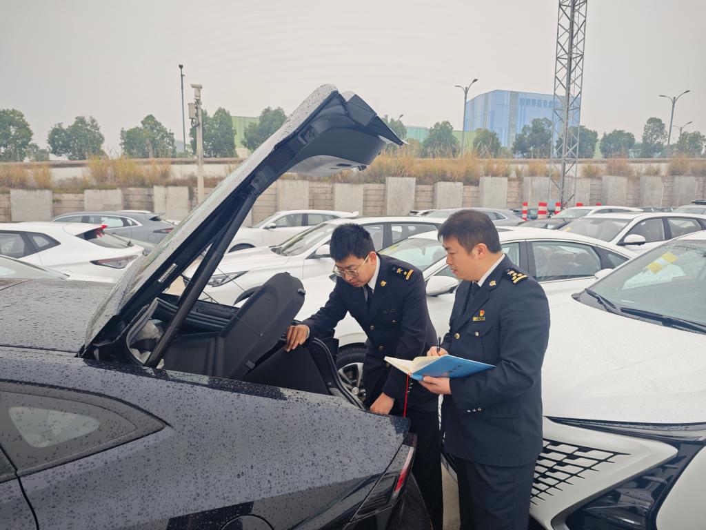 重庆海关关员现场验放出口整车。重庆海关供图