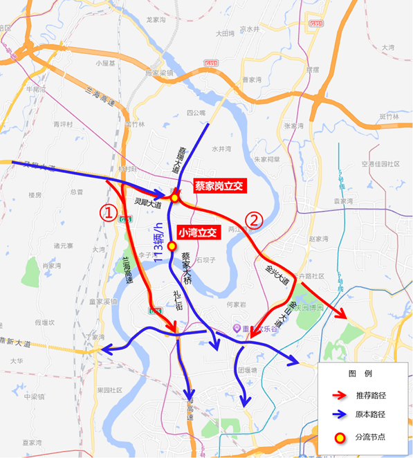 封闭小湾立交至金山寺立交主线绕行线路图。 警方供图