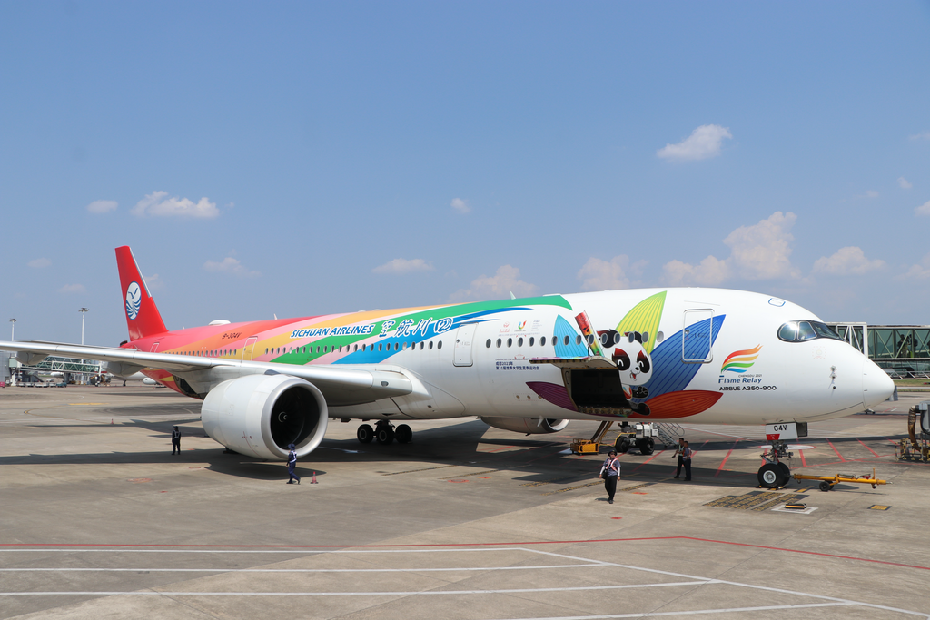 The exterior of Sichuan Airlines' panda-themed painted Airbus A350