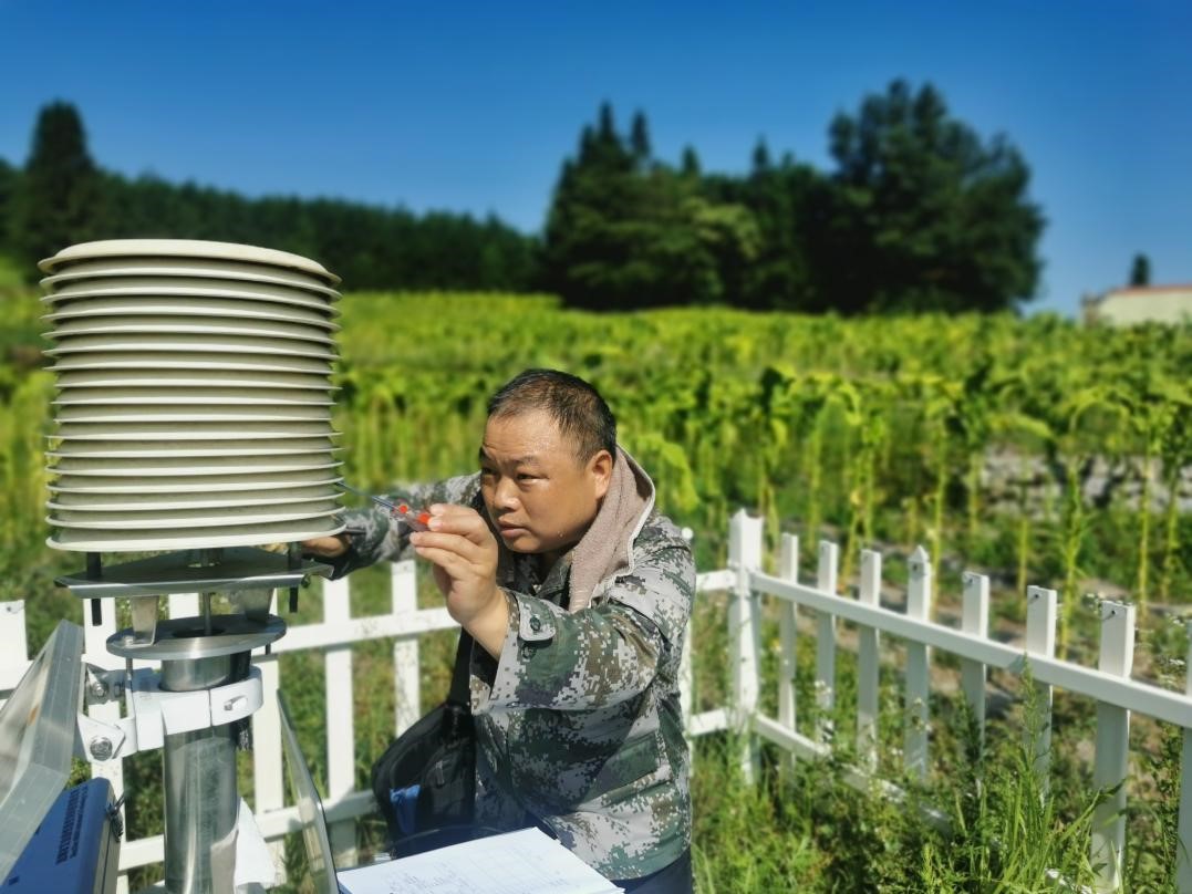 8月22日，黔江区最高温度升至39℃以上，为确保自动站传输数据的准确性，高温天气下，黔江区气象局业务保障人员前往邻鄂镇对兩量、温度设备进行核查。摄影：刘建仁