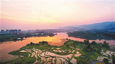 双桂湖国家湿地公园，朝霞洒向湖面，与远处高楼林立的城区和稻田小微湿地景观，构成一幅湖城相拥的美丽画卷。记者 向成国 摄