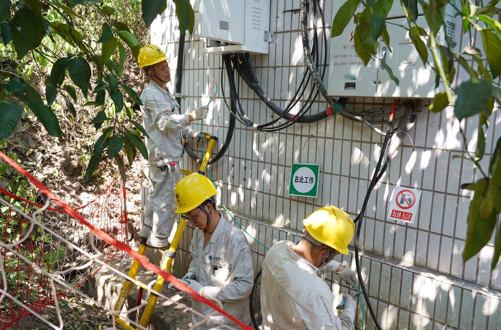 國網(wǎng)重慶長壽供電公司但渡供電所員工快速為鄰封鎮(zhèn)上坪村沙田柚果園安裝動力表。通訊員 劉科研 攝