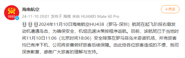 海南航空：HU438航班在起飞阶段右侧发动机遭遇鸟击，已按程序返航