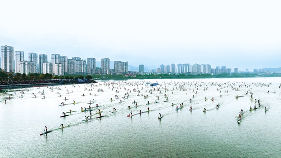 參賽選手在漢豐湖上揮槳競速，享受水上運動的魅力。通訊員 易興兵 攝