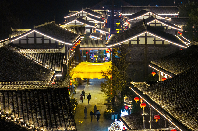 The lanterns light up the town at night falls