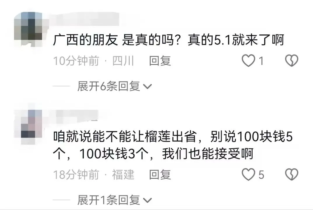 榴莲100元5个？网友​：我有急事去趟广西