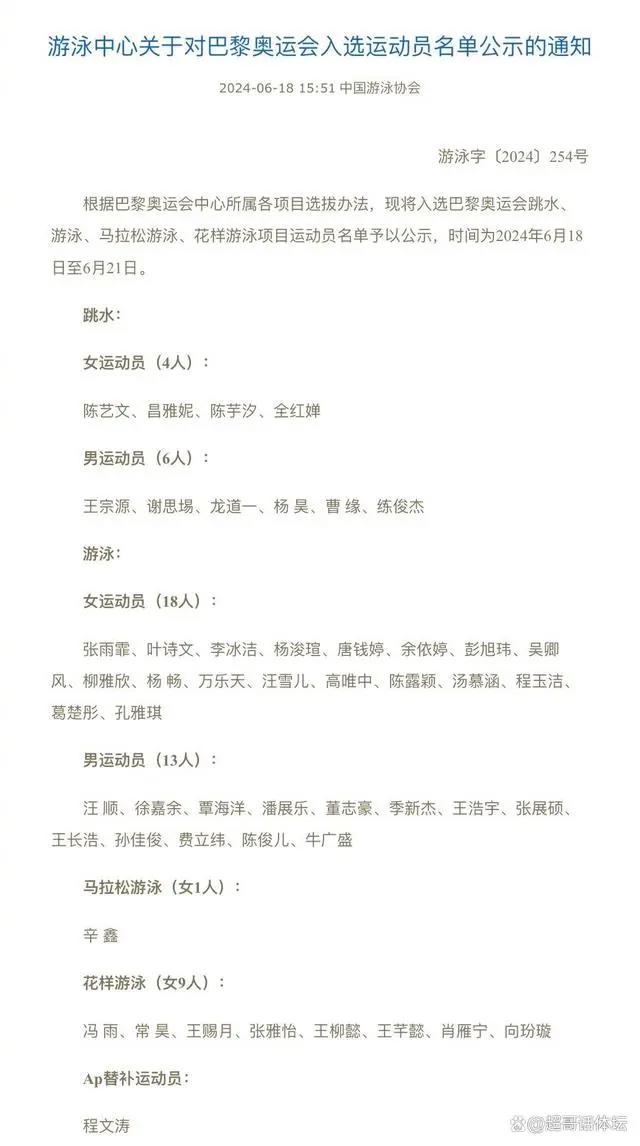 游泳队跳水队奥运会名单公布，32岁孙杨巴黎奥运梦想破灭