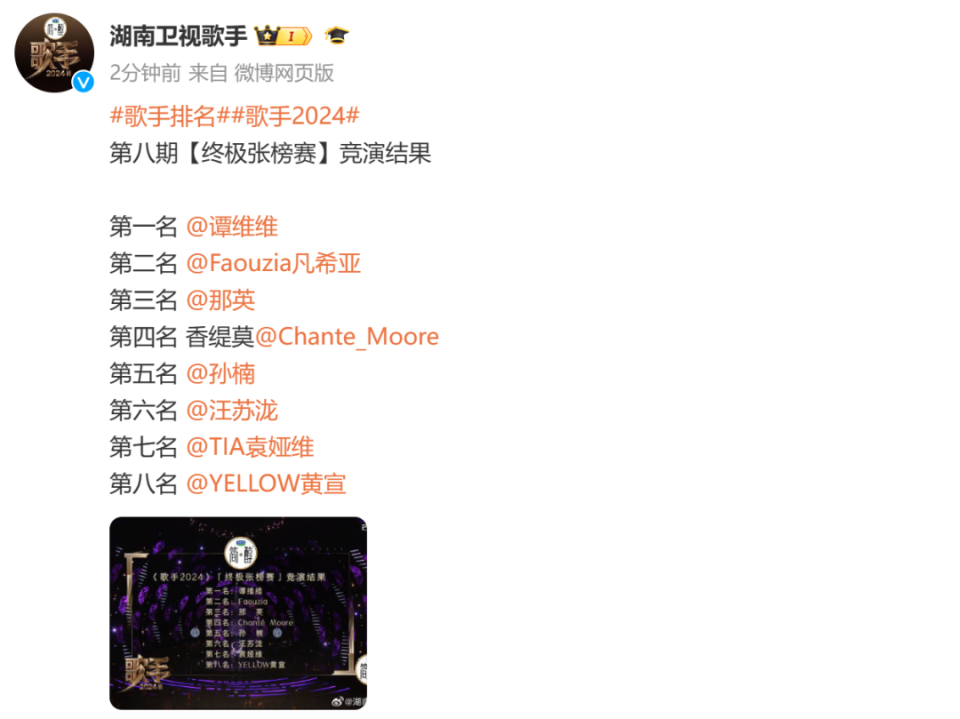歌手最新排名公布：谭维维第一！那英带病拿下第3，回应上期差点淘汰哭了