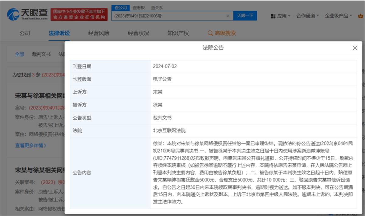 宋轶黑粉被判赔1万元并道歉，此前王一博、白敬亭、萧亚轩纷纷起诉黑粉均获赔精神损害费