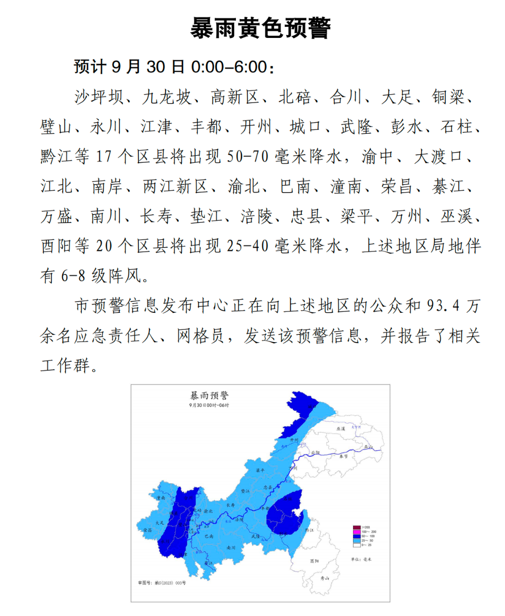 暴雨黄色预警！重庆20个区县将出现降水，局地伴有6-8级阵风