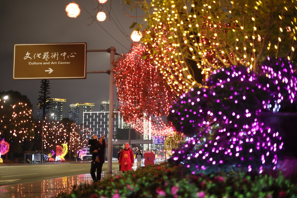 2月2日，双星大道，夜景灯饰吸引不少市民驻足观赏。