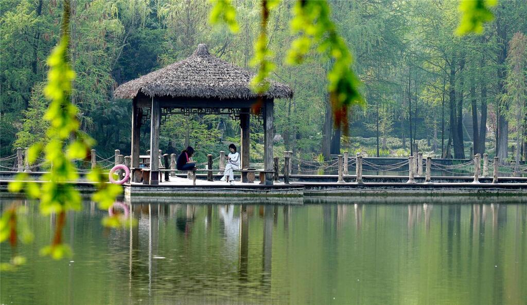 群众在观音塘湿地公园凉亭里休息