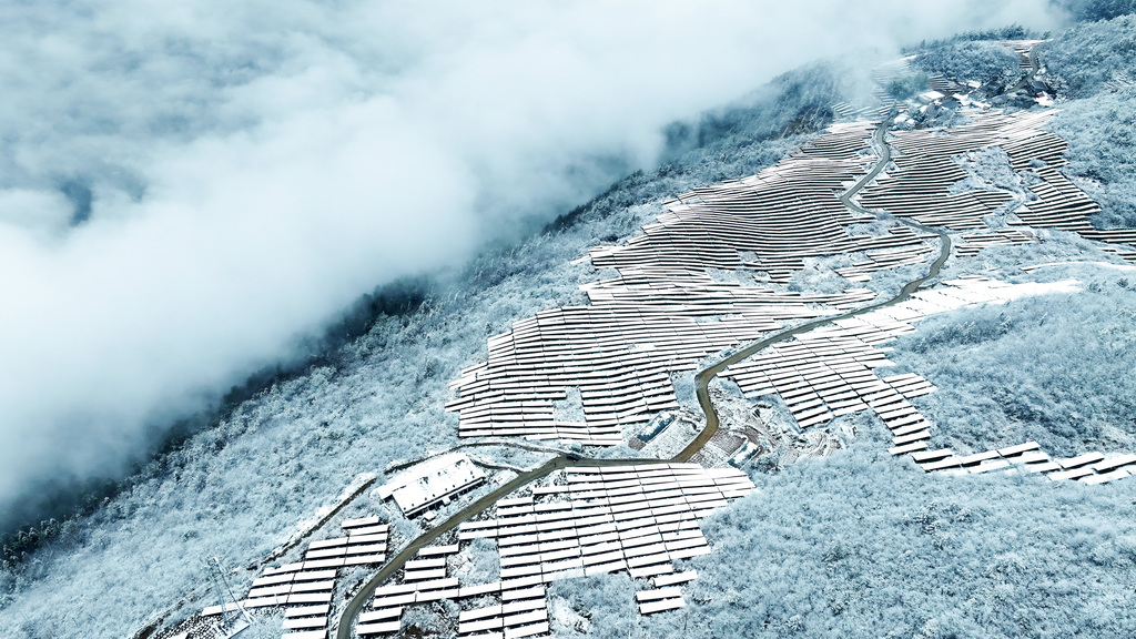 2025年3月6日，春雪覆盖着重庆市黔江区麒麟盖光伏发电站的光伏板和民居。 (11)