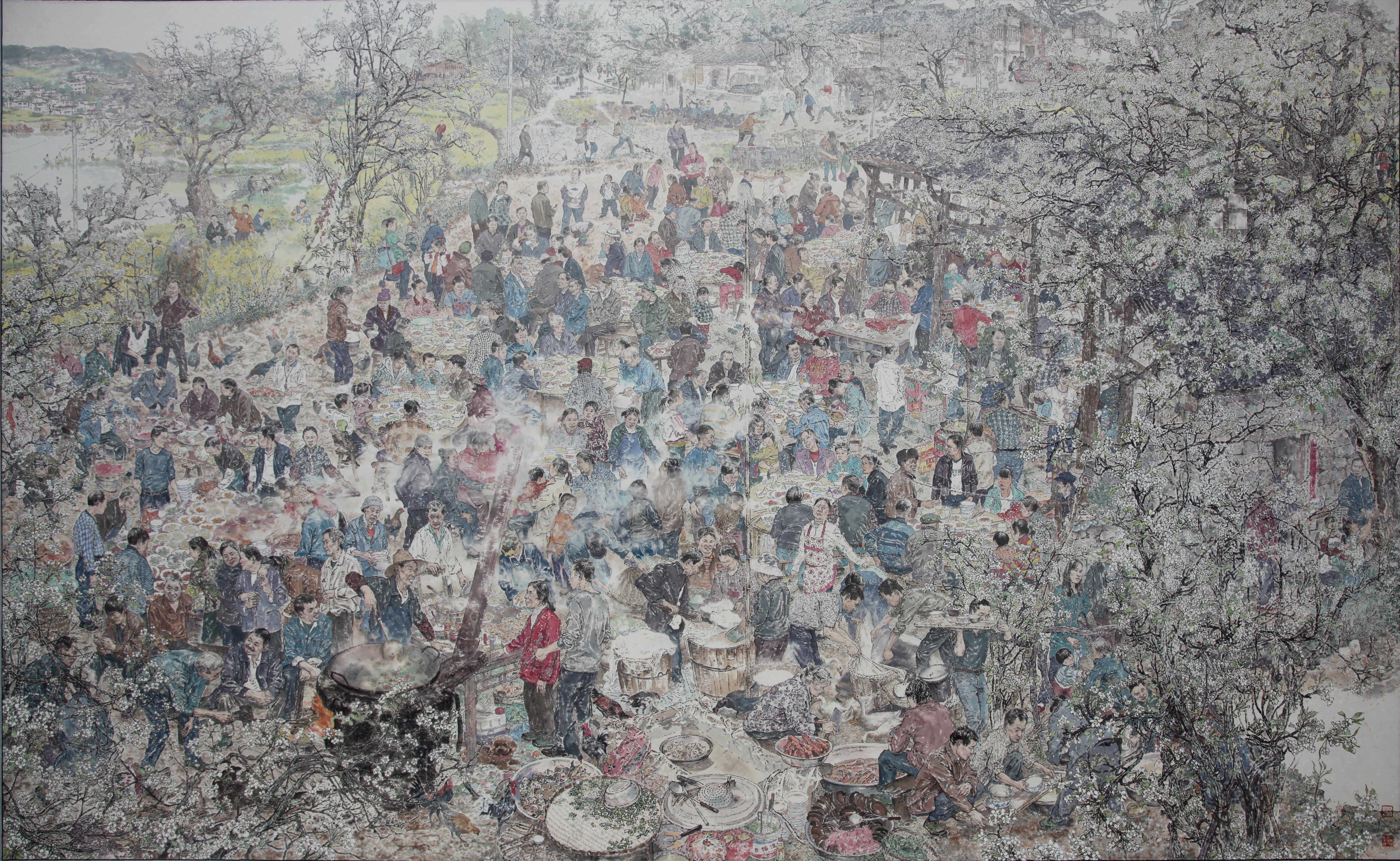 31 唐德福 《老屋梨花绽笑颜》 中国画 145×360cm 2014年