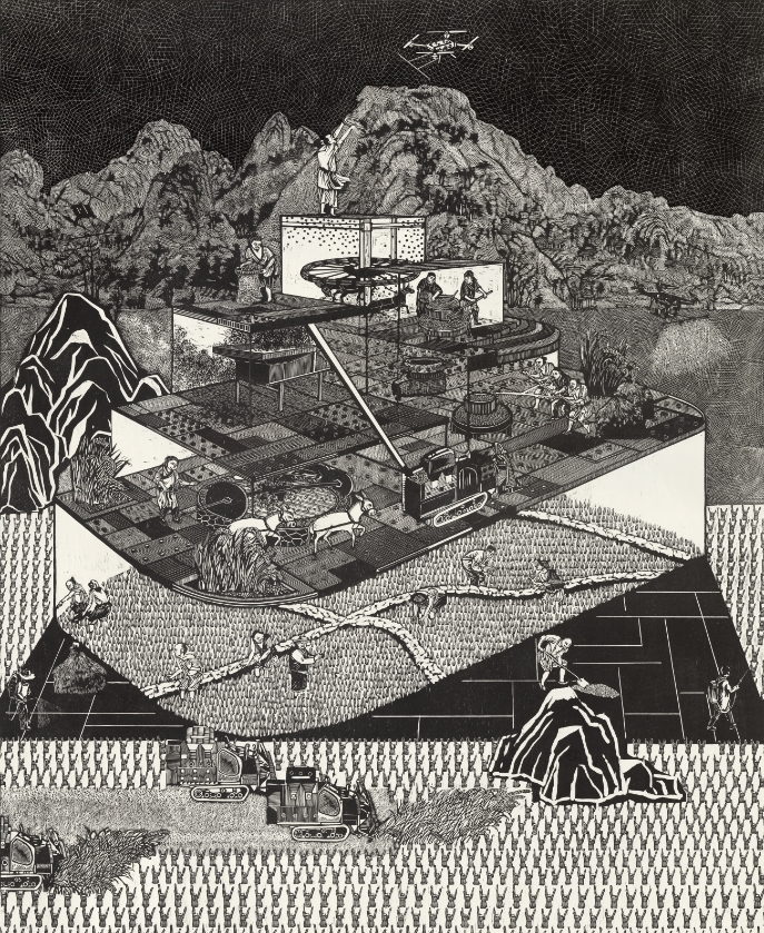重读授时图---麦垅风来110x90cm 黑白木刻 解丹 2024年