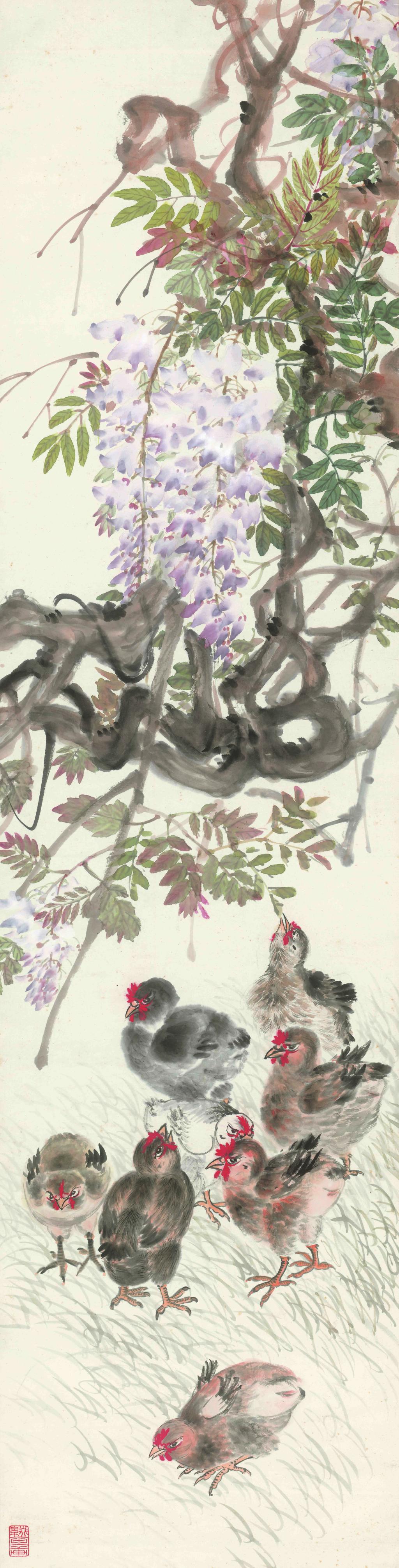 002 梅兰芳 雏鸡紫藤图轴 中国画 148x37cm