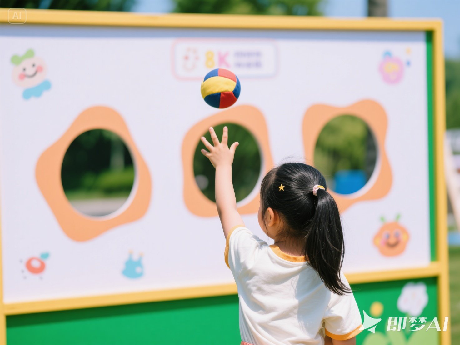 jimeng-2025-06-13-5476-一个小女孩，8岁，夏日，在准备投沙包，右手抬起准备投的，前方是一个带有三个不规则..