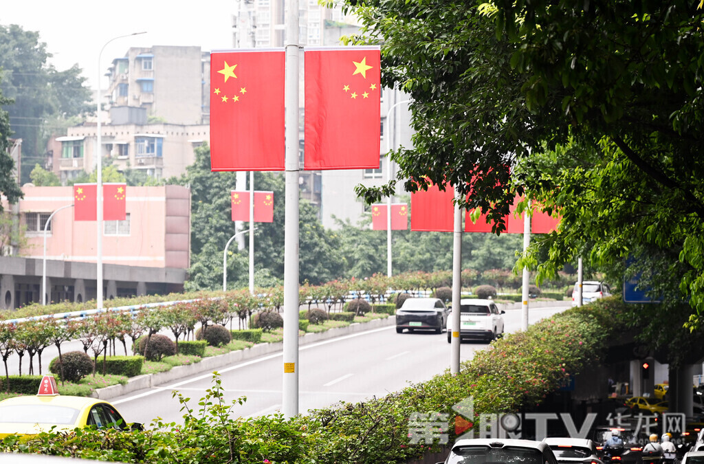 渝中区长江二路一面面鲜艳的国旗悬挂于道路两旁灯杆上，为即将到来的节日增添了浓浓的喜庆氛围。 第1眼TV-华龙网记者 刘润 摄