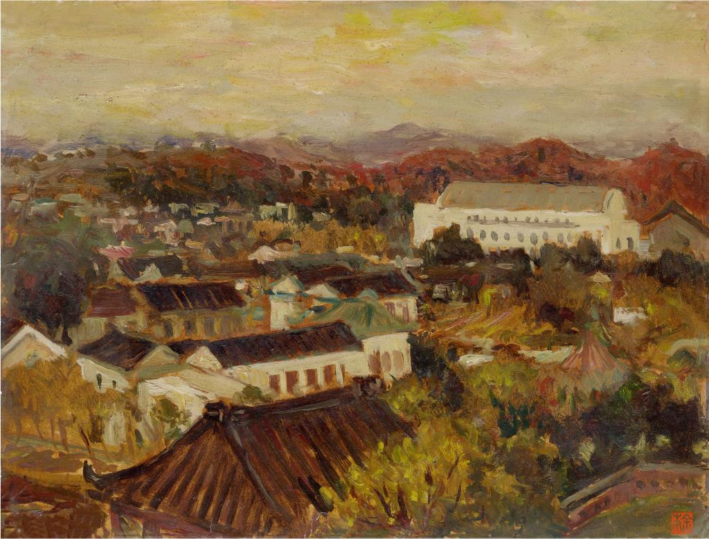 8 余本 新会大会堂 广东 1974 油彩纸本 28x39cm