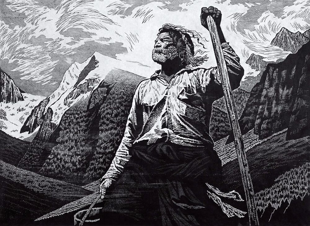 《育林人》其加達瓦 黑白木刻67×90cm 1984年