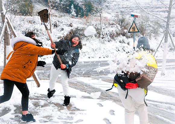 蟠龙镇“唐家坡印象”，游客在打雪仗。  向成国 摄