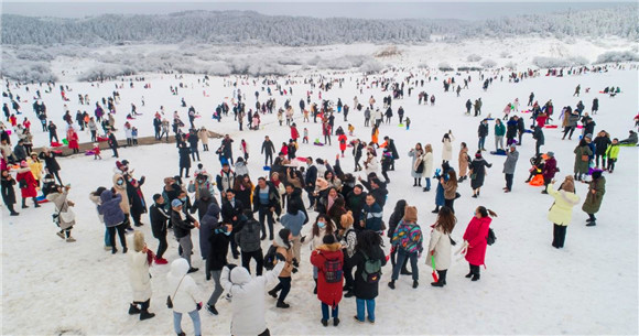 游客在仙女山大草原“与雪共舞”。武隆景区供图 华龙网发