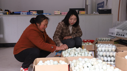 村民（左）在销售绿壳土鸡蛋。特约通讯员 隆太良 摄