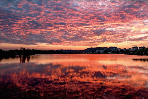 双桂湖国家湿地公园，绯红的晚霞将天空与湖水染红，令人沉醉。