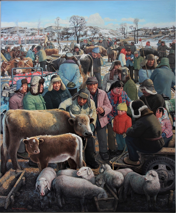 陈树中《野草滩的牛羊集市》（布面·油彩）240x200cm 2014