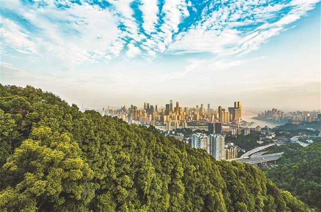 Downtown Chongqing looked beautiful against the white clouds in the blue sky. Over recent years, Chongqing has done more on the ecological front, and successfully improved the ecological environment of the city. (Photographed by Su Si / Visual Chongqing)