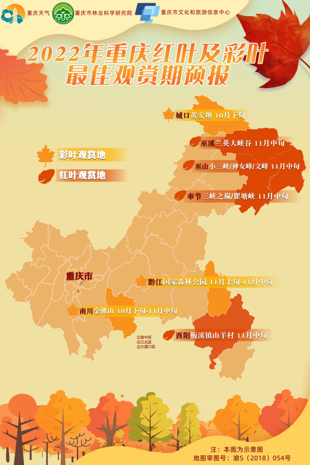 2022年重庆红叶和彩叶最佳观赏期预报图。图源：重庆天气官方公众号