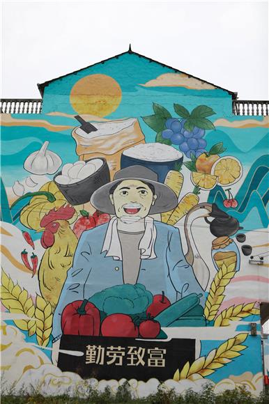 在洪安镇平马社区拍摄印有勤劳致富字样的彩绘墙。通讯员  胡程 摄