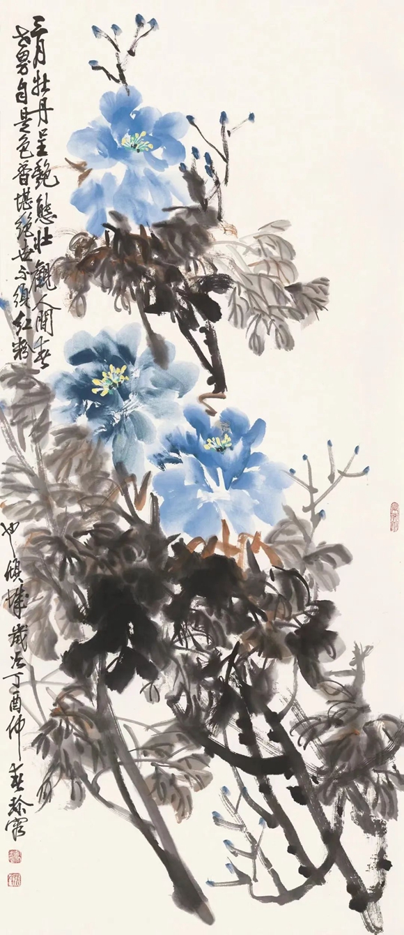 《三月牡丹呈艳态》 136x60cm