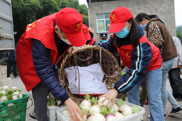 志愿者帮助农民运送蔬菜。巴福镇供图 华龙网发