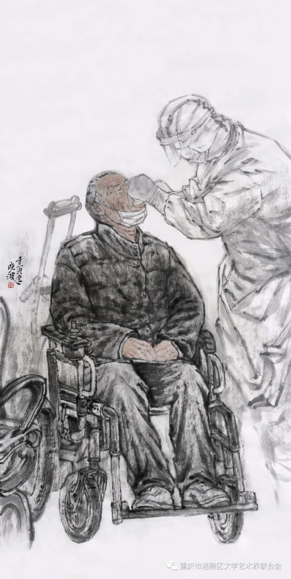 卢晓波 ：《人人参与  全民抗疫》，中国画， 68cmx138cm