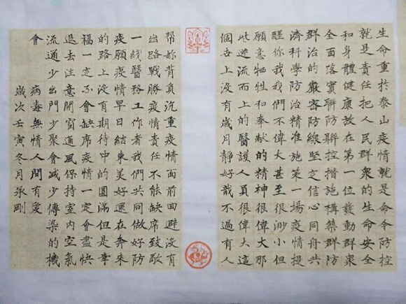 ▲谢承刚 楷书 《病毒无情人间有爱》 ▲谢承刚 楷书 《病毒无情人间有爱》