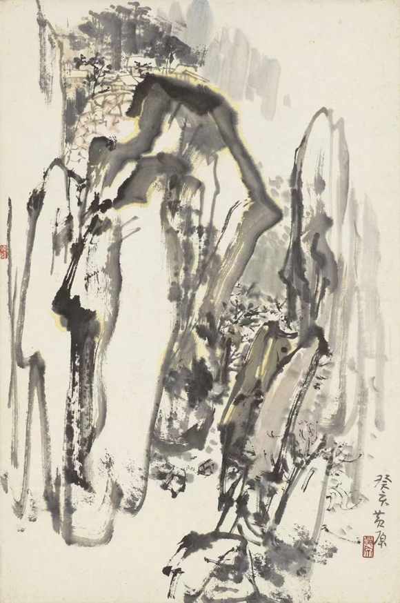 《危岩清泉》 68x45cm，1983年，黄原