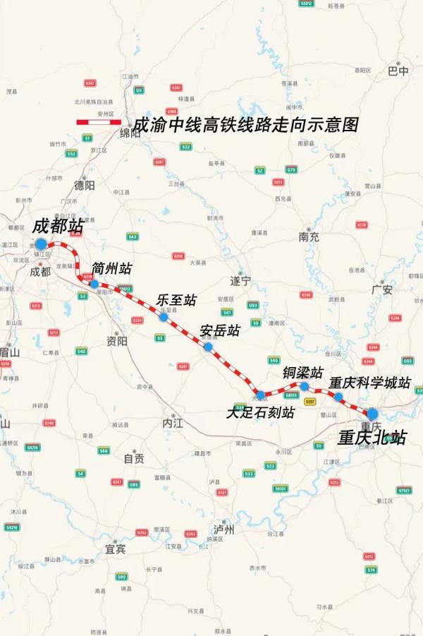 成渝中线高铁线路走向示意图。中国国家铁路集团有限公司供图