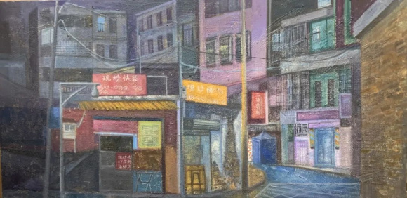 黄佳怡家庭 《霓虹灯下的街道》 60×120cm