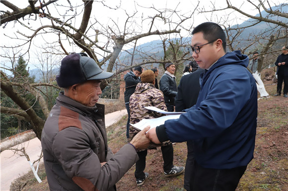 农业技术员正在发放脆李春季管护资料。巫山县融媒体中心供图 华龙网发